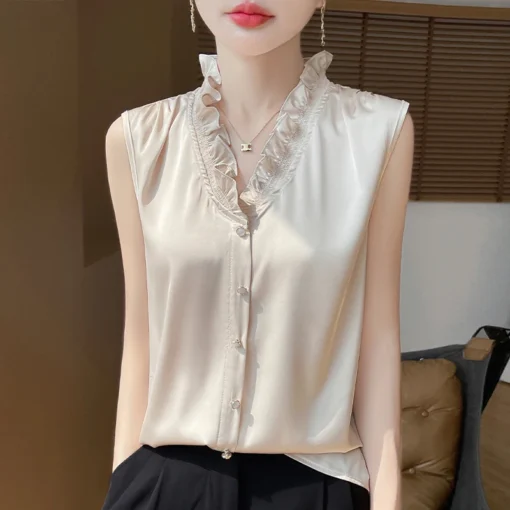Mulberry Silk V-neck Vest with Solid Color Design for Women’s Summer Office Wear - Image 3