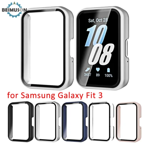 Watch Case Compatible for Samsung Galaxy Fit3, Protective PC Frame Face Cover Built-in Tempered Glass Screen Protector, Scratch