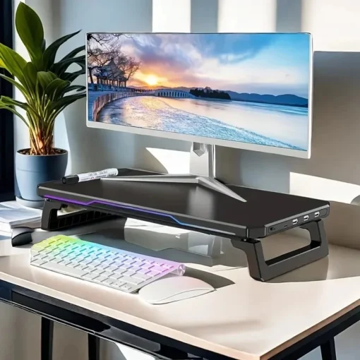 ITLY RGB Monitor Stand with USB Ports and Desktop Organizer for PCs and Laptops up to 19.6 Inches - Image 6