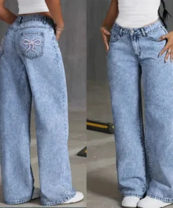 High-Waisted Wide Leg Denim Jeans with Bow Embroidery - Women's Casual Trousers