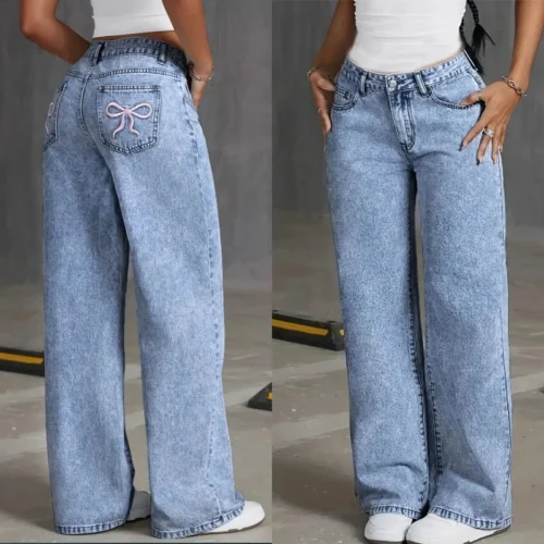 High-Waisted Wide Leg Denim Jeans with Bow Embroidery - Women's Casual Trousers