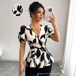 Women Blouse V Neck Short Sleeves Tight Waist Casual Top for Office Wear