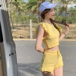 Alternative view of Two Piece Set for Women with Ruffles and Drawstring Shorts in Korean Style