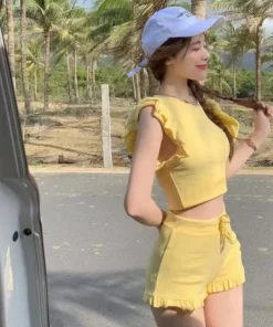 Alternative view of Two Pieces Sets Women Ruffles Summer Crop Tops Drawstring Shorts Korean Style College Hotsweet Slim Fashion Chic Flying Sleeve