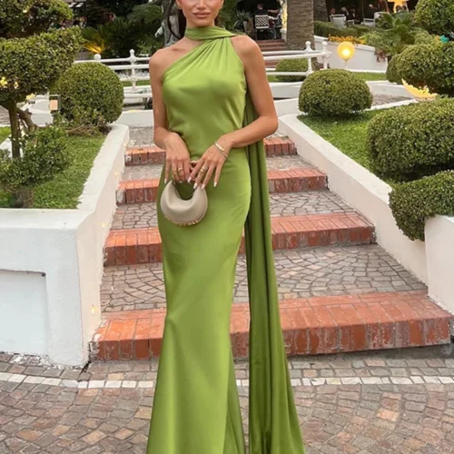 Elegant Satin Halter Backless Dress for Women - Summer Party Gown