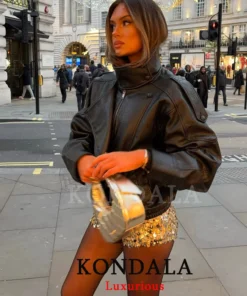 KONDALA Women's Oversized Black Leather Jacket with Buttons and Long Sleeves