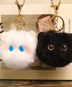 Plush Cat Keychain Kawaii Kitten Cartoon Keyring Ladies Girls Bag Pendant Black /White Hairball Keychain School Bag Key Chains