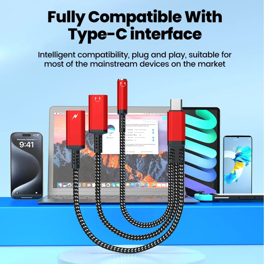 3 in 1 PD 60W Fast Charge Adapter For Iphone16 15 Samsung Type C to Dual Type C/3.5mm Jack Audio Adapter Cable Headphone Adapter - Image 2