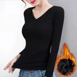 Long-Sleeved Thermal T-Shirt with V-Neck Design for Women