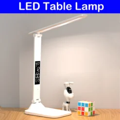 Folding USB Desk Lamp with Dimmable Light and Alarm Clock for Home or Office