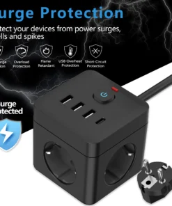 Alternative view of 7-in-1 EU Power Strip, Power Strip Surge Protector, 3 AC Outlets 3 USB 1 Type-C, Desktop Charging Station With Overload Protecti