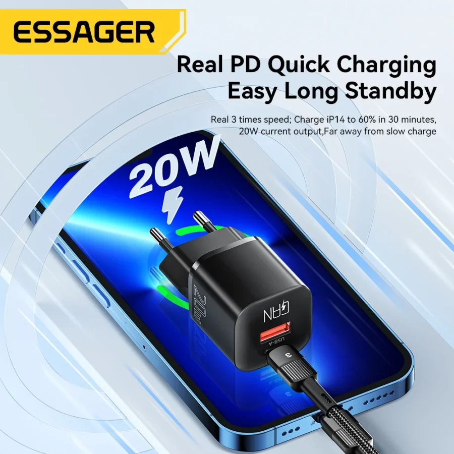 Essager 20W GaN PD USB C Charger for iPhone 14 13 12 11 Pro Max Phone QC 3.0 PD 3.0 USB Type C Fast Charging for Xiaomi pocoiPad - Image 4