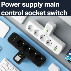 Alternative view of EU Plug AC Power Strip with USB Ports and Separate Switch for Wall Mount Use