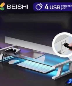 Desk Monitor Stand Riser PC Rack Holder, with 4 USB Ports, Computer Monitor Riser, Desktop Stand and Storage Rack, 20kg Capacity