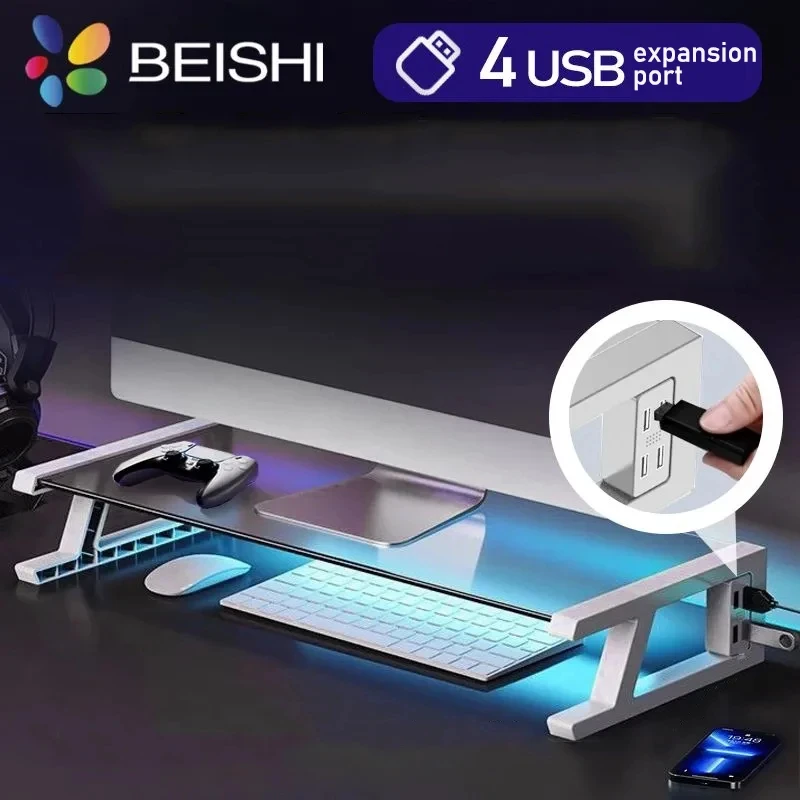 Desk Monitor Stand with 4 USB Ports and 20kg Capacity for Improved Desktop Organization