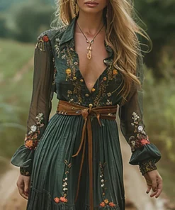 Alternative view of Retro Floral Pleated Maxi Dress with Shirt Collar for Women