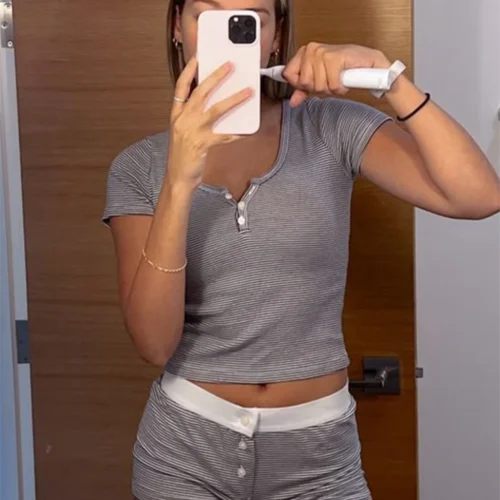 Stripes T-shirt Shorts 2 Pieces Sets Summer Short Sleeve Slim Three Buttons Crop Top Elastic Short Pant for Woman Sweet Y2k Set