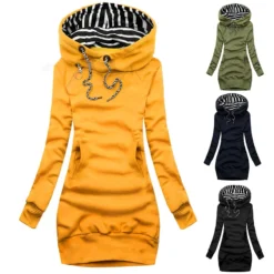 Hoodie Dress - Long Sleeve Pullover with Drawstring for Casual Wear