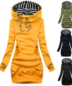 Hoodie Dress - Casual Solid Long Sleeve Pullover with Drawstring