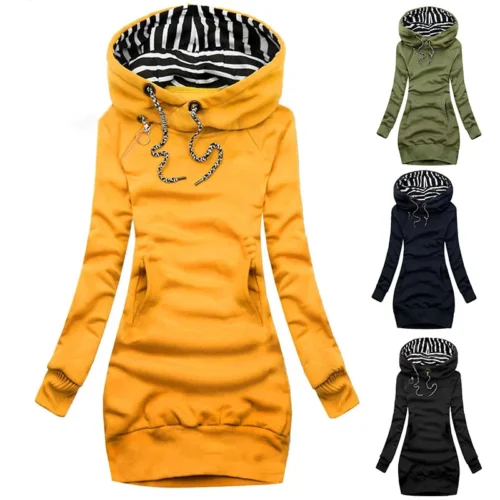 Hoodie Dress - Casual Solid Long Sleeve Pullover with Drawstring