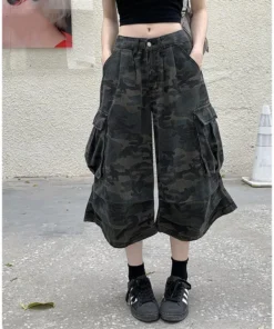 Alternative view of Female Streetwear Denim Cropped Pants Lady Retro Fashion High Waist Cargo Jeans Girls Camouflage Baggy Wide Leg Trousers