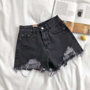 Korean Denim Shorts with Ripped Design and Tassel Pockets for Women's Summer Fashion - Gray, S