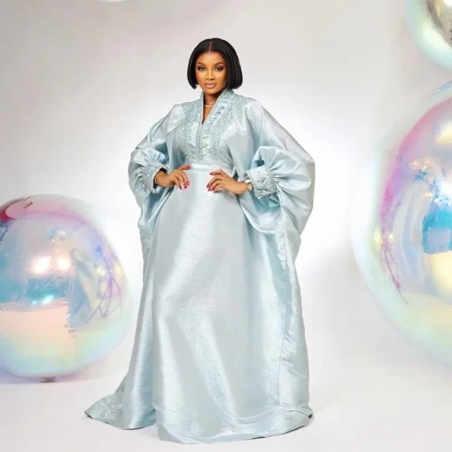 V-Neck Rhinestone Turkey Dress for Women - Elegant African Church Boubou Style - Image 6