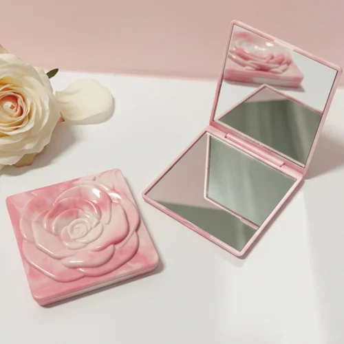 7cm Square Rose Mirror with Storage Bag Lady Portable Handheld Folding Mirror Dressing Table Makeup Accessories