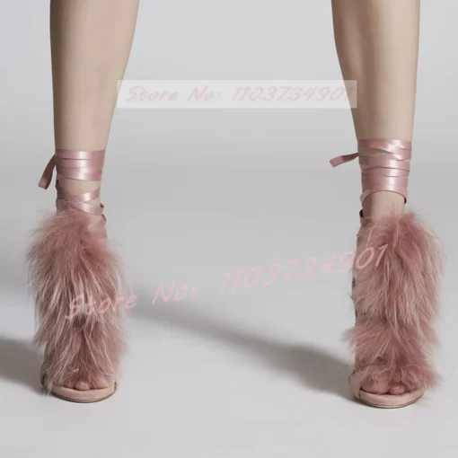 Pink Fur Wedding Sandals with Elegant Flock and Snake Strap for Women - Image 3