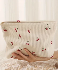 Cherry Corduroy Makeup Bag - Lightweight Zipper Storage with Lining