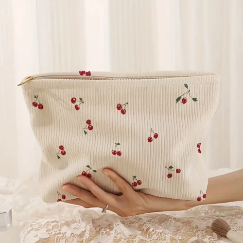 Cherry Corduroy Makeup Bag - Lightweight Zipper Storage with Lining