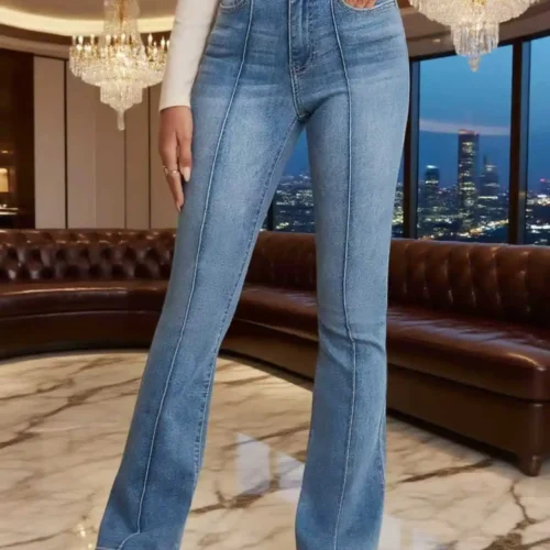 Gray Stretch Women's Flared Jeans with Seam Detail