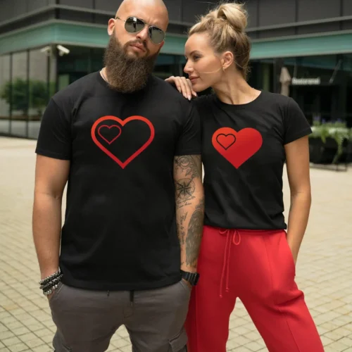 Big Little Red Heart Print Couple T Shirt Short Sleeve O Neck Loose King Queen Tshirt Lovers Tee Shirt Tops Women Clothes