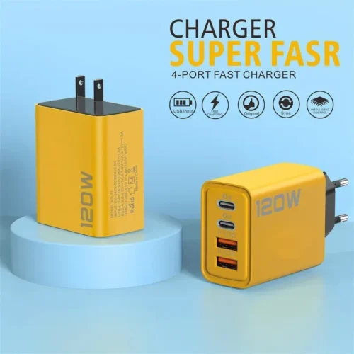 120W Fast USB-C Charger with Quick Charge 3.0, 4 Ports, EU/US Plug - Compatible with Xiaomi, Samsung, iPhone