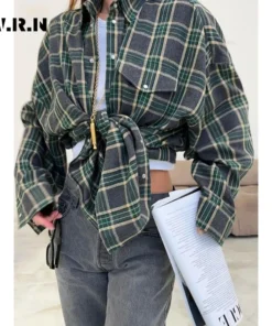 Fashion Baggy Plaid Women'S Blouse Elegant Lapel Long Sleeve Shirts And Blouses Vintage Pocket Lace-Up Top Female 2025