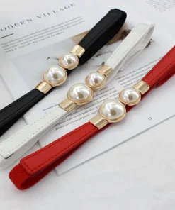 Alternative view of Elegant Double Pearls Buckle Elastic Women Belts Thin Straps Lady Girl Dress Skirt Decor Waistbands Trouser Decoration GM113