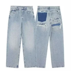 High Waist Distressed Denim Jeans with Blue Patchwork Ripped Design for Women