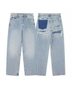 HH Women’s High Waist Distressed Denim Jeans - Blue Patchwork Ripped Long Pants