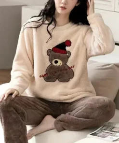 Thickened Warm Large Size Padded Fall and Winter Women's Pajamas Top and Pants Set Coral Velvet Ladies Cartoon Bear 2PCS/Set