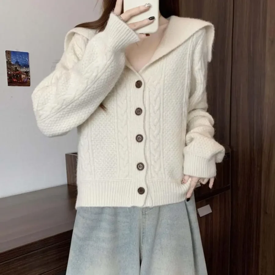 Flip Collar Grid Crochet Sweater Autumn Spring Long Sleeve Cardigans Women Y2K Preppy Style Ladies Tops - Image 5