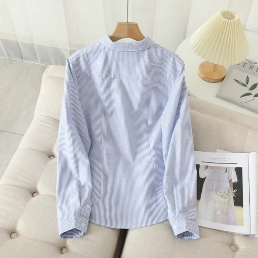 Cotton Oxford Shirt with Striped Design for Women in White and Blue - Image 3