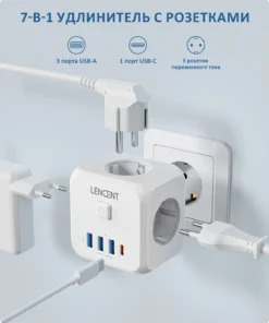 Alternative view of LENCENT EU Plug Power Strip with 3 AC Outlets +3 USB Charging Ports+ 1 Type C 5V 2.4A Adapter 7-in-1 Plug Socket On/Off Switch