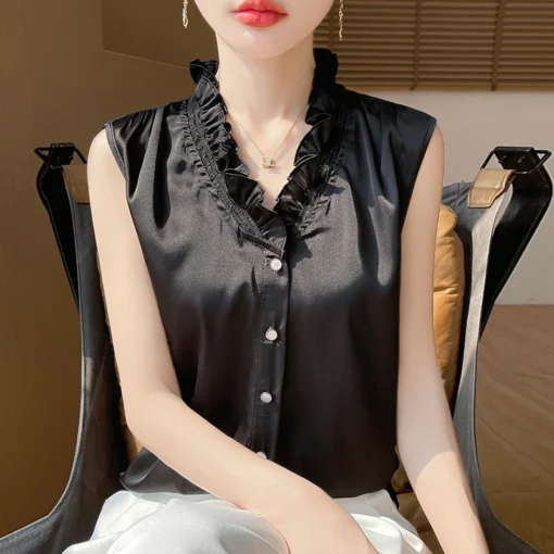 Mulberry Silk V-neck Vest with Solid Color Design for Women’s Summer Office Wear - Image 6