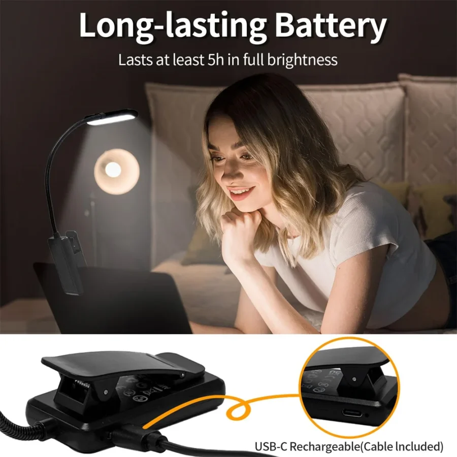 USB Rechargeable LED Reading Lamp Book Clamp Reading Light 3 color Temperatures for Work Reading Student Dormitory Night Light - Image 5