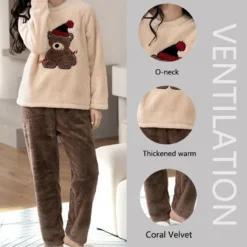 Alternative view of Thickened Coral Velvet Pajamas Set with Cartoon Bear Design for Women in Large Size