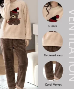 Alternative view of Thickened Warm Large Size Padded Fall and Winter Women's Pajamas Top and Pants Set Coral Velvet Ladies Cartoon Bear 2PCS/Set