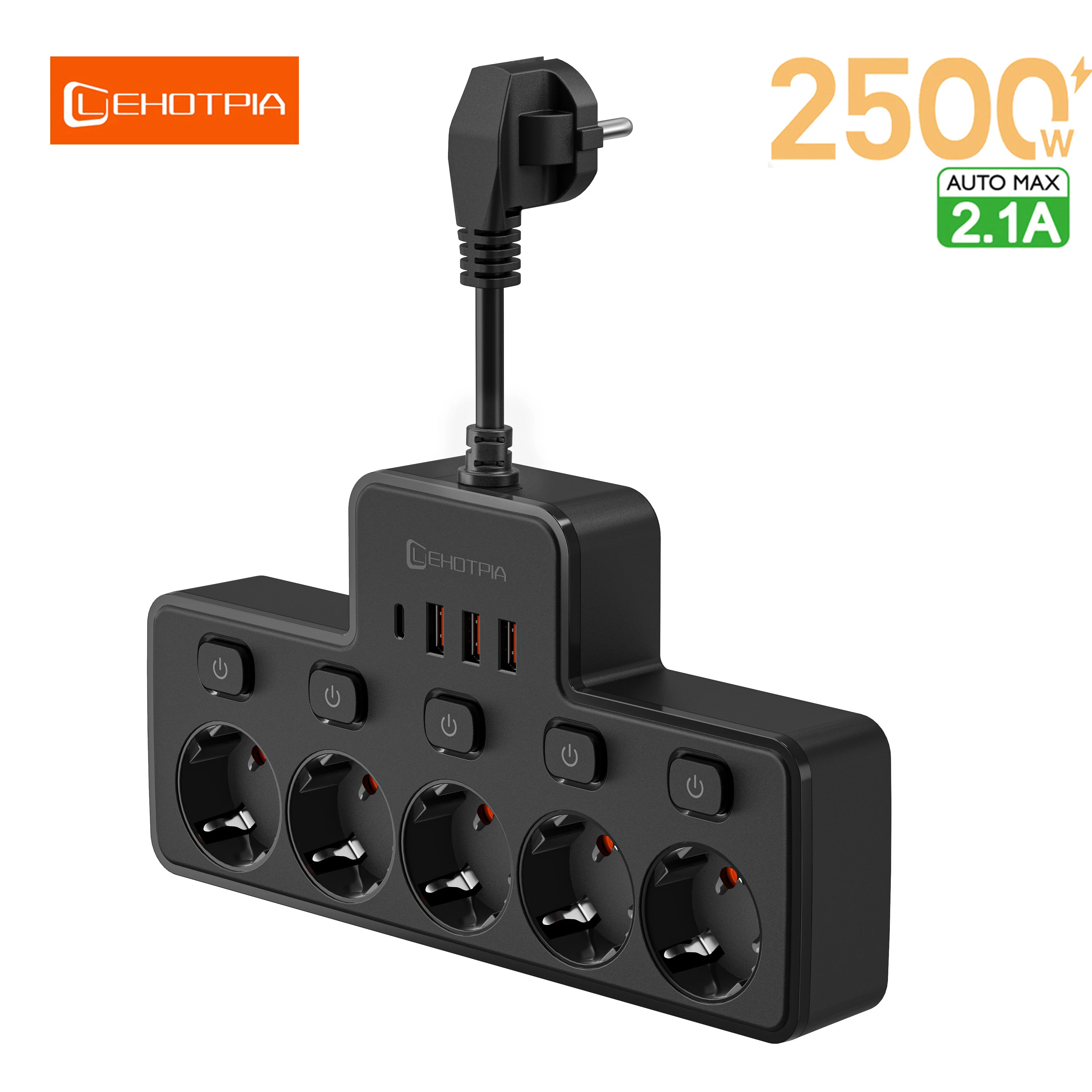 2500W EU AC Plug Power Strip Independent Switch Wall Mounted European Standard Plug Socket Network Filter With USB C Charging