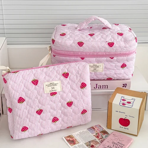 Alternative view of 1PC Pink Strawberry Women Cosmetic Quilted Bag Portable Travel Organizer Toiletry Makeup Storage Pouch Handbag Ladies Zipper Bag
