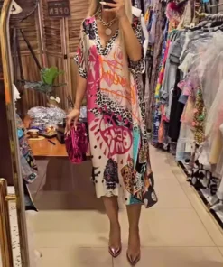 Alternative view of Casual V Neck Loose Long Dresses for Women Spring Leopard Colorful Printed A-Line Party Dress Autumn Half Sleeve Female Clothing