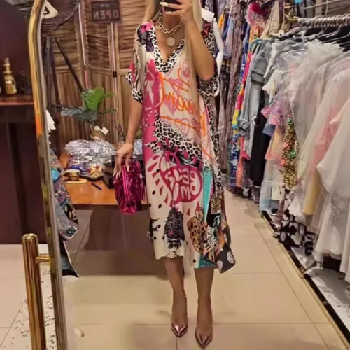 Alternative view of Casual V Neck Loose Long Dresses for Women Spring Leopard Colorful Printed A-Line Party Dress Autumn Half Sleeve Female Clothing